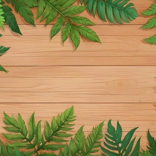 Green Leaves And Fern Leaves On A Wooden Background Top View Flat Lay Tropical Bright Colors Cartoon Style Vector Illustration 41 Ca32