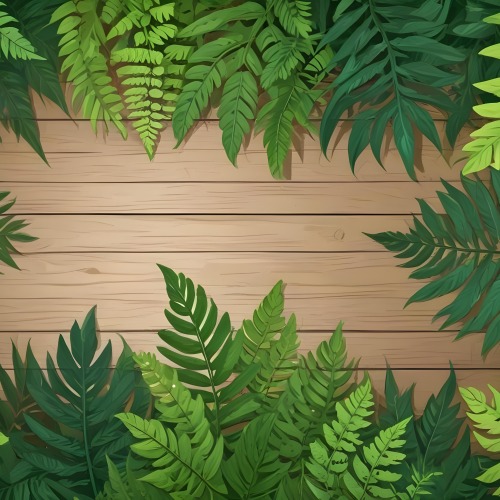 Green Leaves And Fern Leaves On A Wooden Background Top View Flat Lay Tropical Bright Colors Cartoon Style Vector Illustration 43 E481
