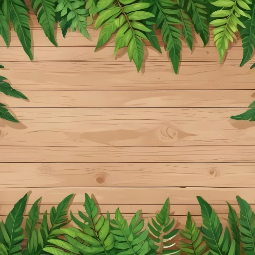 Green Leaves And Fern Leaves On A Wooden Background Top View Flat Lay Tropical Bright Colors Cartoon Style Vector Illustration 5 1a8c