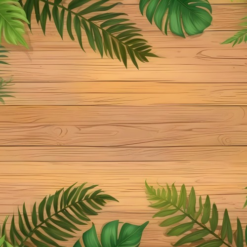 Green Leaves And Fern Leaves On A Wooden Background Top View Flat Lay Tropical Bright Colors Cartoon Style Vector Illustration 6 8ea6