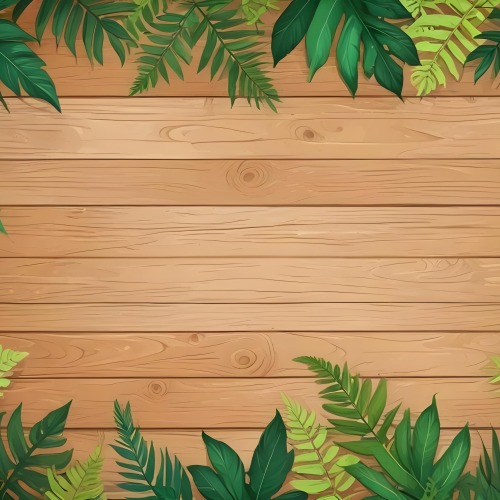 Green Leaves And Fern Leaves On A Wooden Background Top View Flat Lay Tropical Bright Colors Cartoon Style Vector Illustration 7 165f