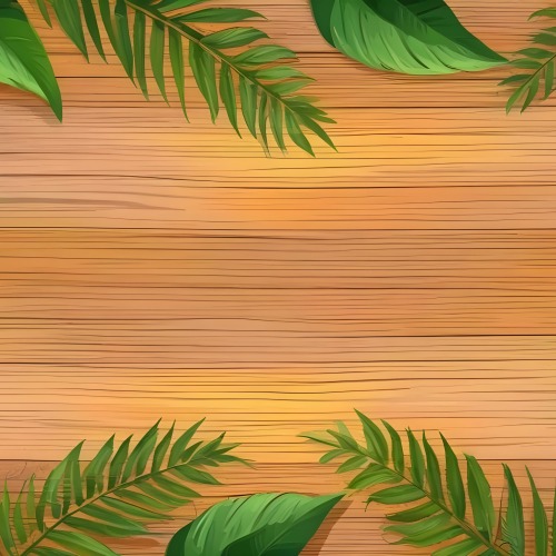Green Leaves And Fern Leaves On A Wooden Background Top View Flat Lay Tropical Bright Colors Cartoon Style Vector Illustration 8 06c1