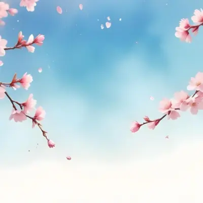 Minimal Soft Studio Light Photography Cherry Blossom Flowers With Pink Petals On A Blue Sky Background Some Petals Falling Down Soft And Dreamy Atmosphere Watercolor Style High Detail Solid Bold Color Background 1 20 Fc67