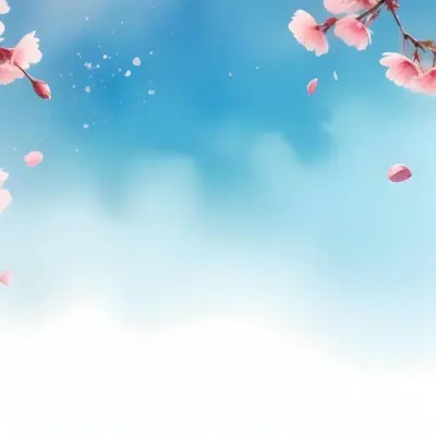 Minimal Soft Studio Light Photography Cherry Blossom Flowers With Pink Petals On A Blue Sky Background Some Petals Falling Down Soft And Dreamy Atmosphere Watercolor Style High Detail Solid Bold Color Background 1 25 A7d6