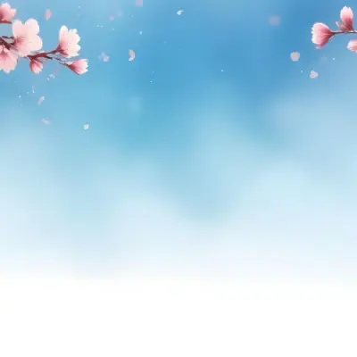Minimal Soft Studio Light Photography Cherry Blossom Flowers With Pink Petals On A Blue Sky Background Some Petals Falling Down Soft And Dreamy Atmosphere Watercolor Style High Detail Solid Bold Color Background 1 28 049e