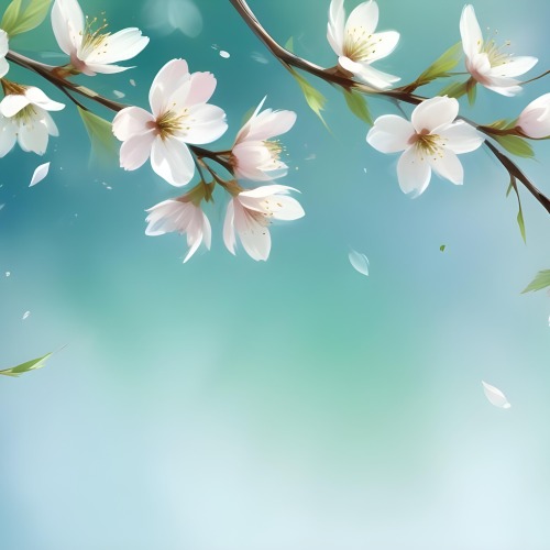 Minimal Soft Studio Light Photography Cherry Blossom Petals Falling With A Gradient Background Of Blue White And Green Soft And Dreamy Pastel Colors Spring Season Delicate And Airy High Detail Solid Bold Color 38 35e9