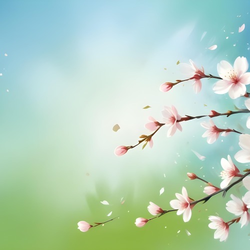 Minimal Soft Studio Light Photography Cherry Blossom Petals Falling With A Gradient Background Of Blue White And Green Soft And Dreamy Pastel Colors Spring Season Delicate And Airy High Detail Solid Bold Color 78 636c