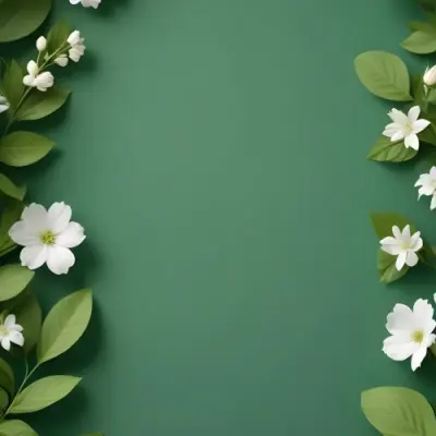 Minimal Soft Studio Light Photography Green Background With Leaves And White Flowers On The Top Corners Nature Elements Minimalist Style Soft Light Fresh And Vibrant Colors High Detail Solid Bold Color Backgroun 7 B58c
