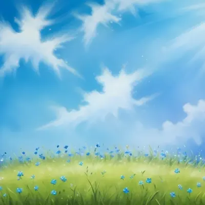 Oil Painting A Green Grass Field With Small Blue Flowers Under A Bright Blue Sky With Bokeh Effect Creating A Fresh And Vibrant Outdoor Scene Creative Extremely Detailed Brush Stroke 3 7c4e