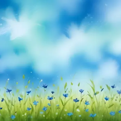 Oil Painting A Green Grass Field With Small Blue Flowers Under A Bright Blue Sky With Bokeh Effect Creating A Fresh And Vibrant Outdoor Scene Creative Extremely Detailed Brush Stroke 4 2fa0
