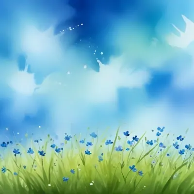 Oil Painting A Green Grass Field With Small Blue Flowers Under A Bright Blue Sky With Bokeh Effect Creating A Fresh And Vibrant Outdoor Scene Creative Extremely Detailed Brush Stroke 40 2d5e