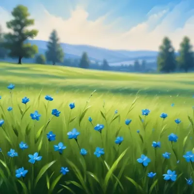 Oil Painting A Green Grass Field With Small Blue Flowers Under A Bright Blue Sky With Bokeh Effect Creating A Fresh And Vibrant Outdoor Scene Creative Extremely Detailed Brush Stroke 50 0c4b