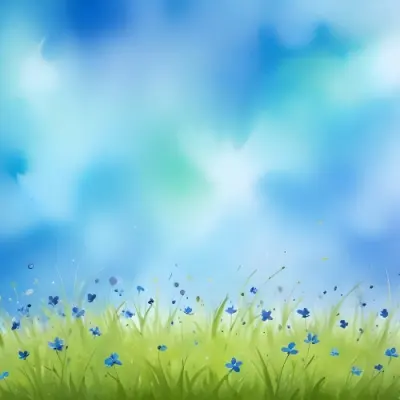 Oil Painting A Green Grass Field With Small Blue Flowers Under A Bright Blue Sky With Bokeh Effect Creating A Fresh And Vibrant Outdoor Scene Creative Extremely Detailed Brush Stroke 71 A027