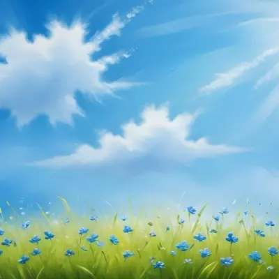 Oil Painting A Green Grass Field With Small Blue Flowers Under A Bright Blue Sky With Bokeh Effect Creating A Fresh And Vibrant Outdoor Scene Creative Extremely Detailed Brush Stroke 74 0d4f