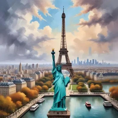 Oil Painting Eiffel Tower Statue Of Liberty And Other Famous Buildings In A Cloudy Background Creative Extremely Detailed Brush Stroke 2 Dc21