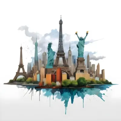Oil Painting Eiffel Tower Statue Of Liberty And Other Famous Buildings In A Cloudy Background Creative Extremely Detailed Brush Stroke 23 B905