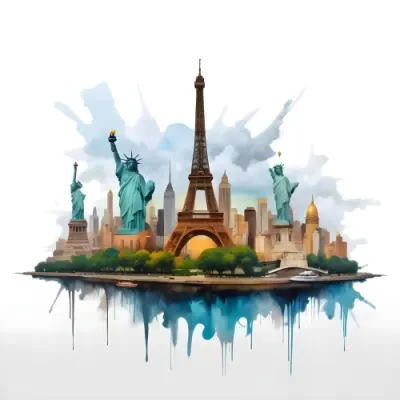 Oil Painting Eiffel Tower Statue Of Liberty And Other Famous Buildings In A Cloudy Background Creative Extremely Detailed Brush Stroke 29 272a
