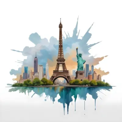 Oil Painting Eiffel Tower Statue Of Liberty And Other Famous Buildings In A Cloudy Background Creative Extremely Detailed Brush Stroke 39 37ea