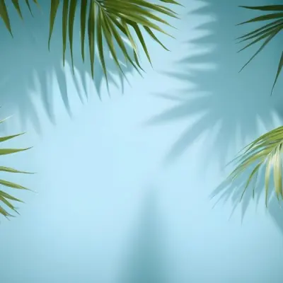Palm Leaves On The Corners With A Shadow Of Palm Leaves In A Blue Background 84 0586