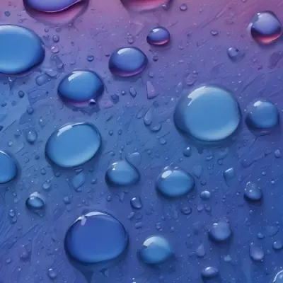 Pixel Art Close Up Of Water Droplets On A Surface Varying In Size And Shape With A Gradient Background Featuring Shades Of Blue And Purple The Droplets Reflect Light Creating A Glossy Appearance 8bits 134 112b