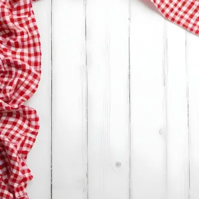 Red And White Checkered Tablecloth On A White Wooden Table The Tablecloth Is On The Center Blank Space In The Center 3 F75f