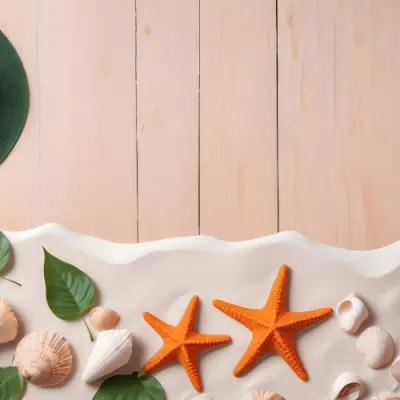 Seashells And Starfish On White Sand With A Hat And A Green Leaf On A White Wooden Surface 2 90f6