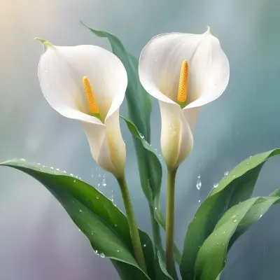 Two Calla Lilies With Water Droplets On The Leaves Pastel Colors Soft Lighting Smooth Gradients Elegant Composition Clean Lines Minimalist Style Against A Blurred Background 11 F48e