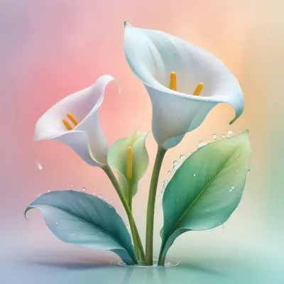 Two Calla Lilies With Water Droplets On The Leaves Pastel Colors Soft Lighting Smooth Gradients Elegant Composition Clean Lines Minimalist Style Against A Blurred Background 12 1e68