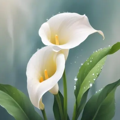 Two Calla Lilies With Water Droplets On The Leaves Pastel Colors Soft Lighting Smooth Gradients Elegant Composition Clean Lines Minimalist Style Against A Blurred Background 21 9f07