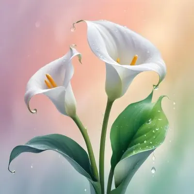 Two Calla Lilies With Water Droplets On The Leaves Pastel Colors Soft Lighting Smooth Gradients Elegant Composition Clean Lines Minimalist Style Against A Blurred Background 28 0552