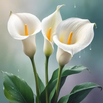 Two Calla Lilies With Water Droplets On The Leaves Pastel Colors Soft Lighting Smooth Gradients Elegant Composition Clean Lines Minimalist Style Against A Blurred Background 38 37d4