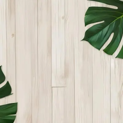 Two Green Monstera Leaves On The Corners Of A Wooden Planks Background Light Brown Color Vertical Lines Natural Light 23 7710