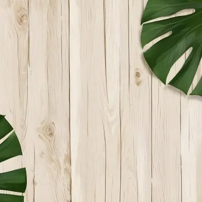 Two Green Monstera Leaves On The Corners Of A Wooden Planks Background Light Brown Color Vertical Lines Natural Light 30 7ce1