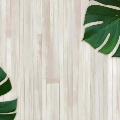 Two Green Monstera Leaves On The Corners Of A Wooden Planks Background Light Brown Color Vertical Lines Natural Light 36 839f