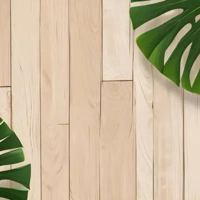 Two Green Monstera Leaves On The Corners Of A Wooden Planks Background Light Brown Color Vertical Lines Natural Light 4 E5f6