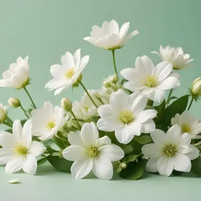 White Flowers And Petals On A Light Green Background Floral Arrangement Soft Lighting Minimalist Composition Fresh And Delicate Spring Theme Clean Aesthetic 28 A4c4