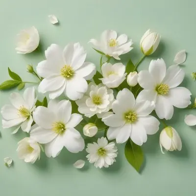 White Flowers And Petals On A Light Green Background Floral Arrangement Soft Lighting Minimalist Composition Fresh And Delicate Spring Theme Clean Aesthetic 36 862d