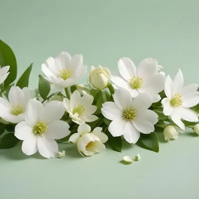 White Flowers And Petals On A Light Green Background Floral Arrangement Soft Lighting Minimalist Composition Fresh And Delicate Spring Theme Clean Aesthetic 42 Cde9