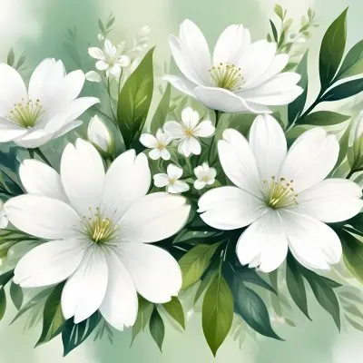 White Flowers With Green Leaves Floral Arrangement Botanical Illustration Soft Lighting Watercolor Style Delicate Details Fresh And Vibrant Nature Inspired Elegant Composition Bright Background 35 8667