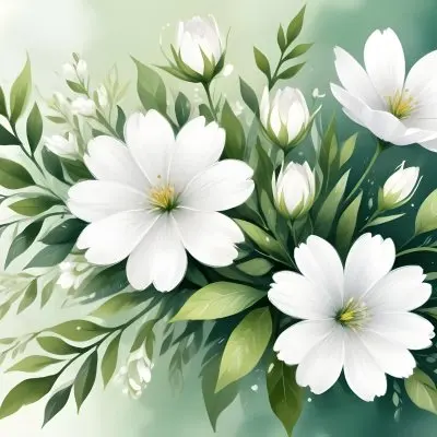 White Flowers With Green Leaves Floral Arrangement Botanical Illustration Soft Lighting Watercolor Style Delicate Details Fresh And Vibrant Nature Inspired Elegant Composition Bright Background 38 695c