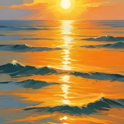Yellow Sun Half Submerged In The Ocean The Sky Is Yellow And The Water Is Orange The Sun Is Reflected In The Water Vibrant Colors 31 995a