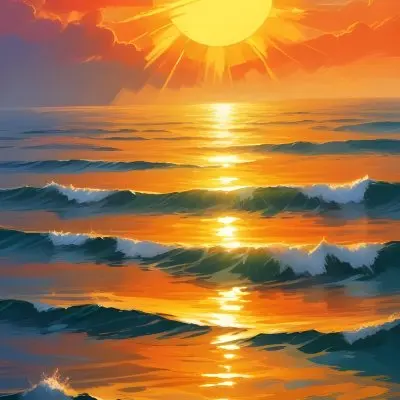 Yellow Sun Half Submerged In The Ocean The Sky Is Yellow And The Water Is Orange The Sun Is Reflected In The Water Vibrant Colors 9 F799