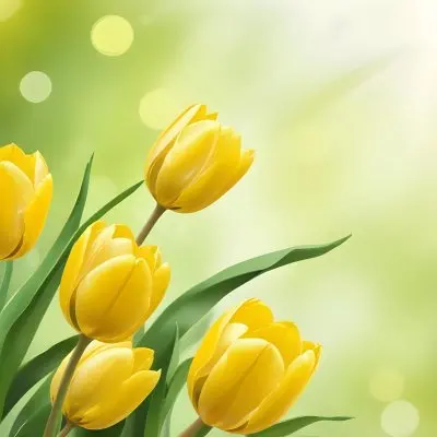 Yellow Tulips With Green Leaves In The Right Corner Bokeh Effect Bright Light In The Upper Right Corner Spring Background 46 6bdc