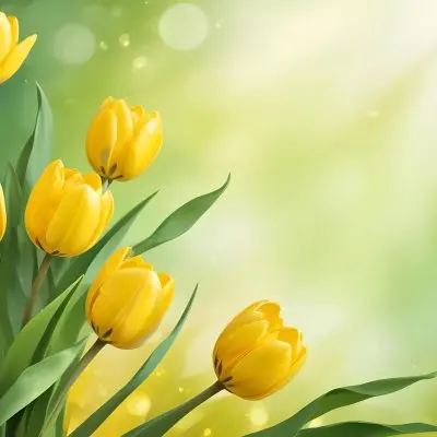 Yellow Tulips With Green Leaves In The Right Corner Bokeh Effect Bright Light In The Upper Right Corner Spring Background 47 B789
