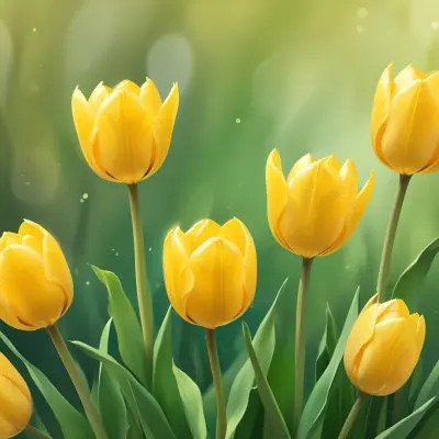 Yellow Tulips With Green Leaves In The Right Corner Bokeh Effect Bright Light In The Upper Right Corner Spring Background 60 E179