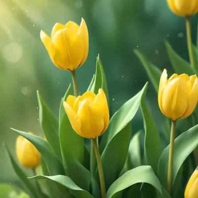 Yellow Tulips With Green Leaves In The Right Corner Bokeh Effect Bright Light In The Upper Right Corner Spring Background 62 268d
