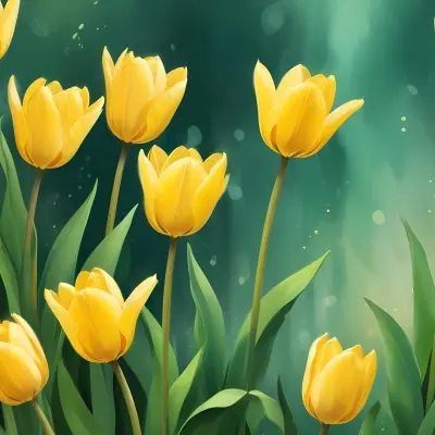 Yellow Tulips With Green Leaves In The Right Corner Bokeh Effect Bright Light In The Upper Right Corner Spring Background 66 54f4