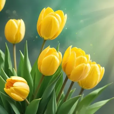 Yellow Tulips With Green Leaves In The Right Corner Bokeh Effect Bright Light In The Upper Right Corner Spring Background 76 7edf