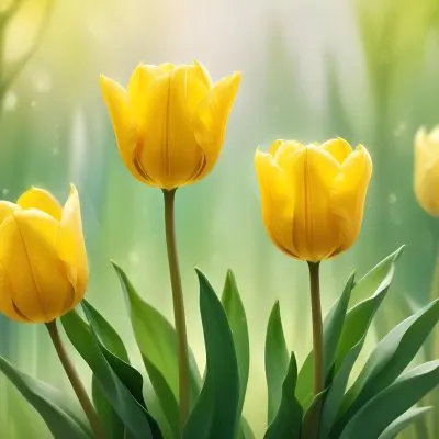 Yellow Tulips With Green Leaves In The Right Corner Bokeh Effect Bright Light In The Upper Right Corner Spring Background 8 Bdab
