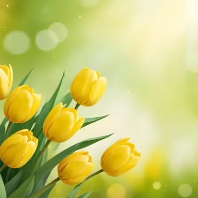 Yellow Tulips With Green Leaves In The Right Corner Bokeh Effect Bright Light In The Upper Right Corner Spring Background 97 2b75